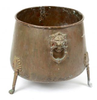 Antique Hand - Hammered Copper Pot W Brass Lion 