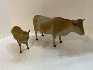 2 Antique German Putz Papier Paper - Mache Stick Legs Cow & Calf