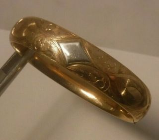 Antique Victorian Rose Gold Filled Thick Wide Etched Hinged Bangle Bracelet