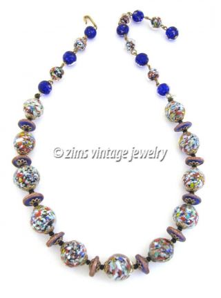 Vintage Italian Venetian Murano Colorful Confetti Art Glass Blue Bead Necklace