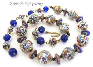 Vintage ITALIAN Venetian Murano COLORFUL Confetti art Glass blue bead NECKLACE 2