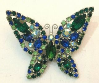 Vintage Weiss Butterfly Pin Brooch Rhinestone Silver Tone Blue Green Ab