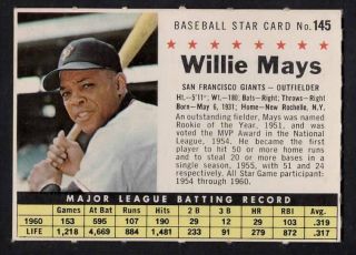 1961 Post Cereal Baseball Willie Mays (perforated) 145 Ex/mt - Nm Giants Hof