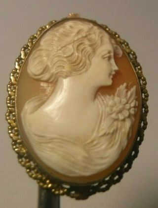 Large Antique Carved Cameo Lady Portrait Pin Brooch Gold Plated Pendant Gorgeous