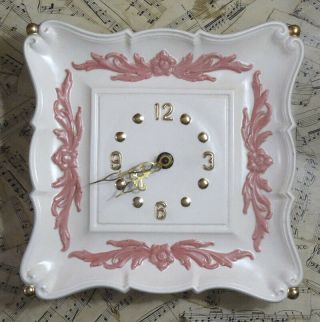 Vintage Ceramic Wall Clock Pink White Regency Style