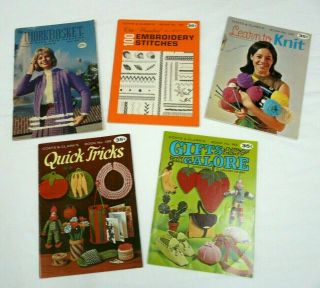 5 Vintage 1960s 1970s Knitting Crochet Embroidery Magazines Books Coats & Clarks