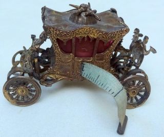 Antique Sewing Tape Measure Victotia Coronation Coach Figural Gilt Brass Cr 1900