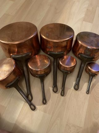 Set Of 7vintage French Barecopper Pan/saucepan With Cast Handles