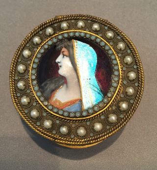 Antique Probably French Brass Hand Painted & Enameled Portrait Powder Box C.  1910