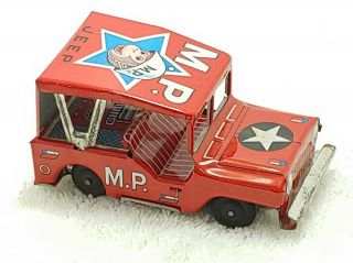 Vintage 1950’s MILITARY POLICE JEEP friction tin litho car made in Japan 3