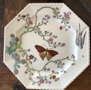 Antique Copeland (spode) Set Of 8 Octagonal Creamware Butterfly Dessert Plates.