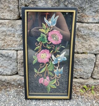 Vintage Crewel Embroidery Cross Stitched Black & Gold Framed Artwork Flowers