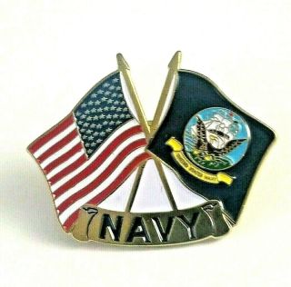Vintage 90s Us Navy & American Flag Gold Tone Metal Enamel Lapel Pin