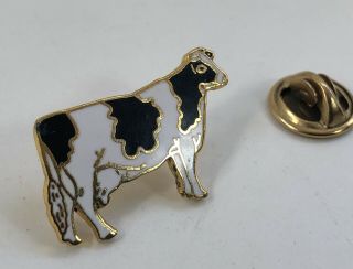 Vintage Black & White Enamel Holstein Dairy Cow Lapel Pin Signed A&m Gold Tone