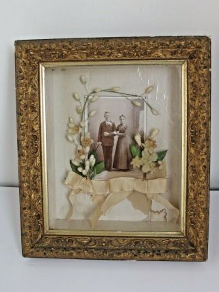 Antique Victorian Wedding Photo And Flowers In A Shadow Box Frame