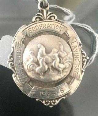 Antique Art Deco Sterling Silver Chicken Laying Test Watch Fob Awards Medal 1936