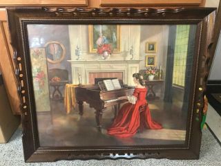 Vintage Large Framed Print Titled Sonata By Artist M.  Ditlef,  Lady In Red Dress