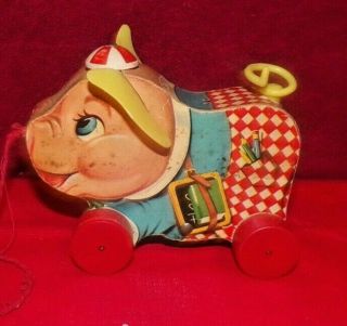 Vintage Fisher Price Peter Pig Wood W/paper Litho Pull Toy 478 Made In Usa Oink