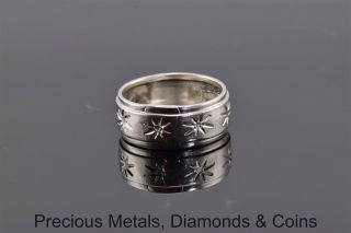 Vintage Sterling Silver Carved Starburst Rim Band Ring 925 Sz: 6
