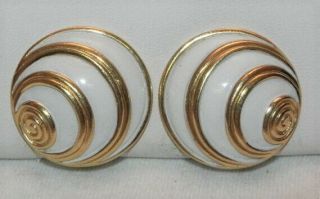 Vintage Crown Trifari White Enamel Clip Earrings Gold Tone Swirl