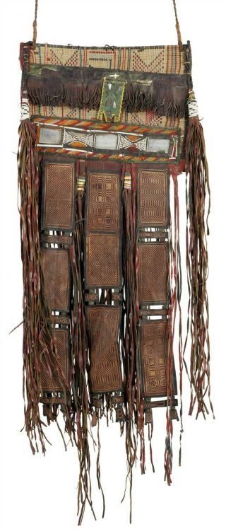 Old African Tuareg Woven Straw Leather Decoration Panel Sahara Niger Mali