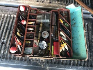 Vintage Metal Tackle Box Full Of Old Fishing Lures,  Reel,  Knives,  & Tackle