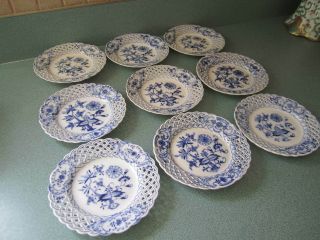 9 Antique Meissen Blue Onion Bread Plates Open Reticulated