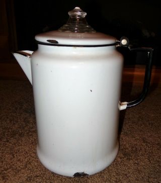 Old Vintage Primitive White Enamelware Coffee Kettle Pot Glass Knob Farm House