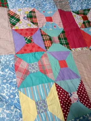 Vintage Scrappy Quilt 73x83 " Bowtie/ Hour Glass Pattern - Not On Point - Brown Spots