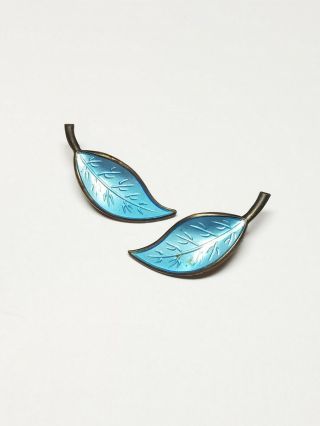 Vintage David Andersen 925 Sterling Silver Blue Enamel Leaf Clip - On Earrings