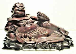 Old Uncommon Large Chinese Wood Carving Of Reclining Buddha & Young Dragon