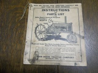 Vintage Instructions & Parts List John Deere General Purpose Tractor - Model B