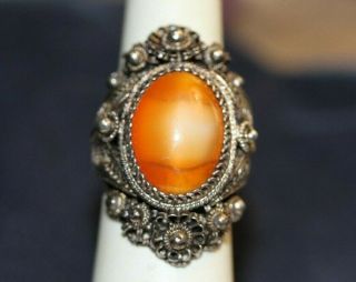 Vintage Antique Silver Filigree Ring With Large Orange Banded Agate Cabochon