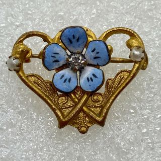Vintage Victorian Pansy Flower Brooch Pin Enamel Rhinestone Seed Pearl C - Clasp