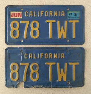 1987 California Blue License Plate Pair 878 Twt Tag Dmv Clear