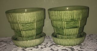 Vintage 2 Mccoy Green Basketweave Flower Pot Planters And Attached Saucer 4”