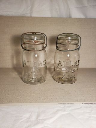 Two (2) Vintage Atlas E - Z Seal Quart Clear Glass Canning Jars With Lid No Gasket