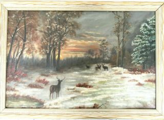 Big 27 " Antique Oil Painting Folk Art Country Primitive Deer Landscape Cabin