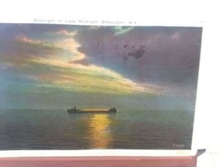 Vintage Postcard,  Moonlight On Lake Michigan Sheboygan Wisconsin Freighter Ship