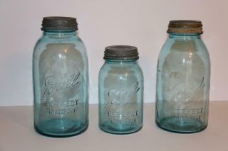 Three Ball Perfect Mason Jars Blue W/lids Quart Half Gallon Vintage