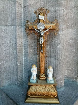 Antique Home Altar Standing Gild Wood Filigree Cross Crucifix Angel Metal Jesus
