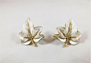 Detailed Vintage Crown Trifari Clip On Earrings Leaves Gold Tone / White Enamel