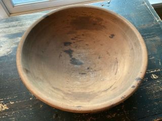 Large Antique Wooden Primitive Dough Bowl 18 " Out Of Round,  Thick Lip / Band