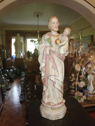 Big Antique Porcelain Bisque St Joseph Baby Jesus Altar Standing Figure Statue