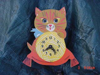 Vintage Googly Moving Eyes Wooden Cat Wall Clock Made In Germany
