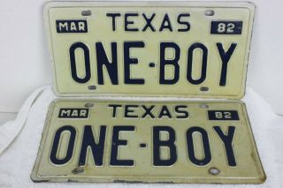 1982 Texas Vanity License Plate " One - Boy " Matched Pair Blue Personalized Tx