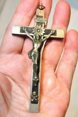 Vtg 4 " Metal & Black Wood Inlay Skull & Crossbones Pectoral Cross Crucifix