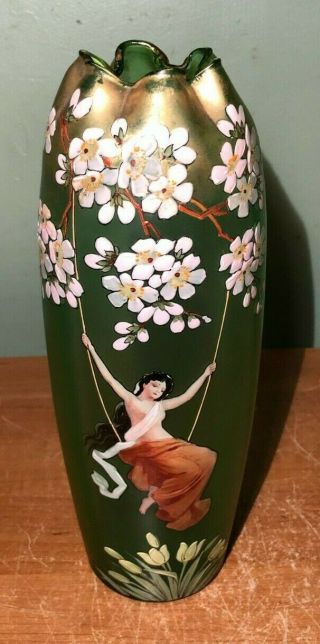 Vintage Art Deco Enamel Decorated Lady On Swing/ Flowers Blown Glass Vase - Moser