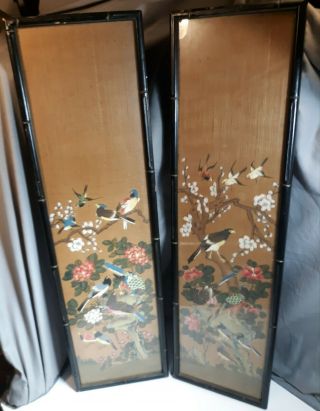 Vintage Mid Century Modern Asian Bird Flower Painting Set Wood Framed Art Decor