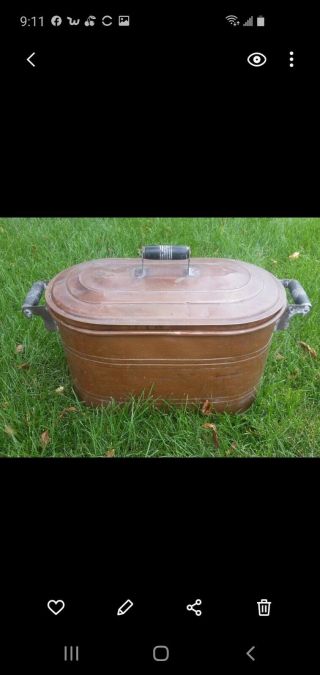 Antique Primitive Copper Canning Boiler Wash Tub With Lid And Wood Handles